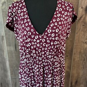 Isabel Maternity Knit Dress High/Low Hem Short Sleeve Burgundy Leopard Print XXL